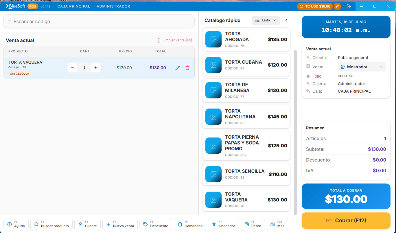 Pantalla de caja de BlueSoft POS con catálogo de productos y total a cobrar
